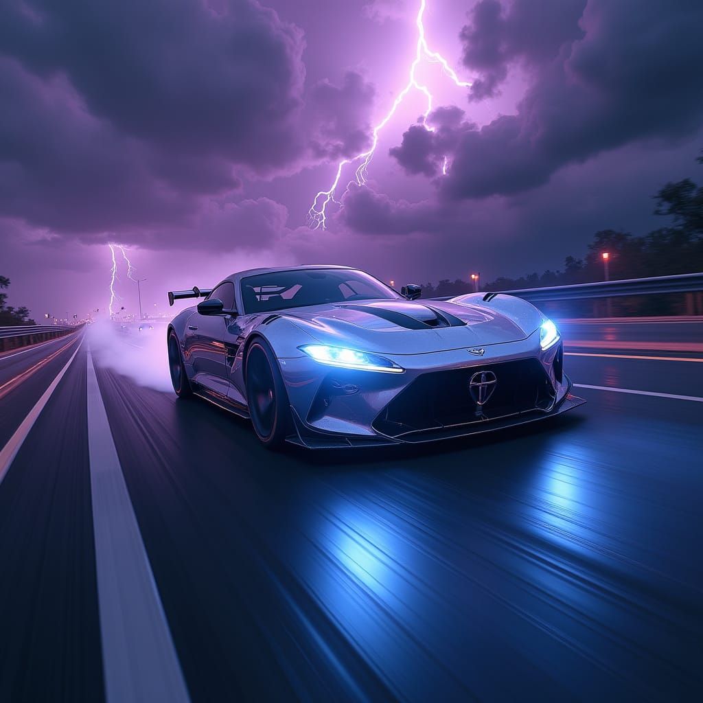 Futuristic Sports Car Speeds Through Stormy Night