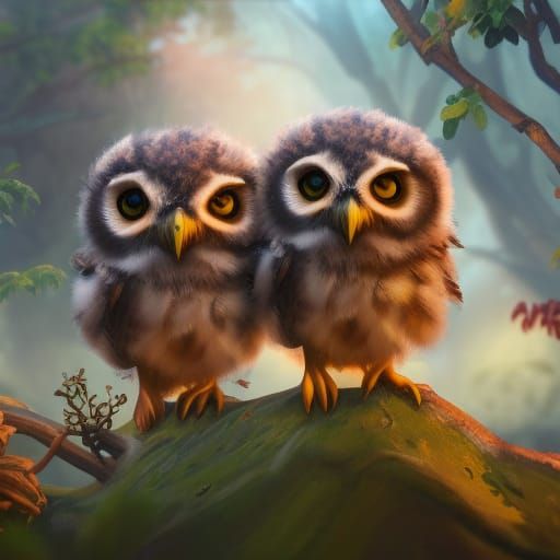 Cute Owlets in Detailed Matte Painting