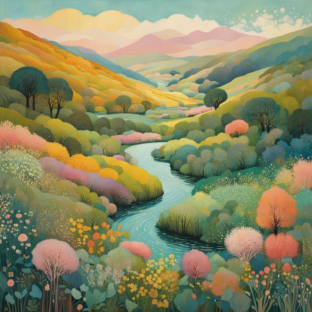 Pastel River in Spring Landscape Art