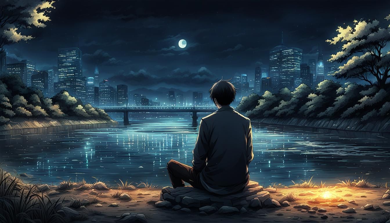 There is a man sitting on the bank of river at night view from back side of man