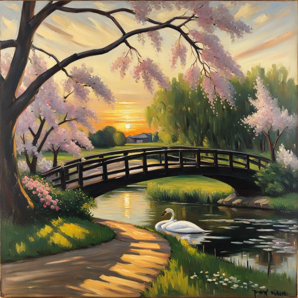 Swan on Rustic Bridge at Golden Hour