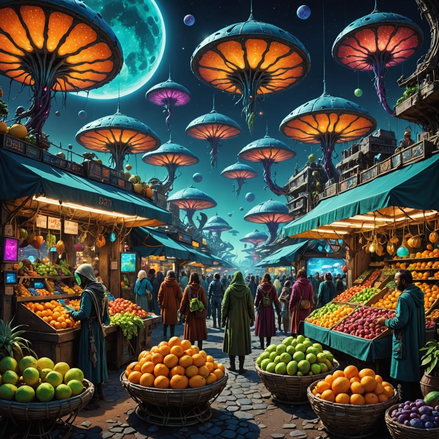 Bustling Alien Market on Terraformed Moon as Digital Art
