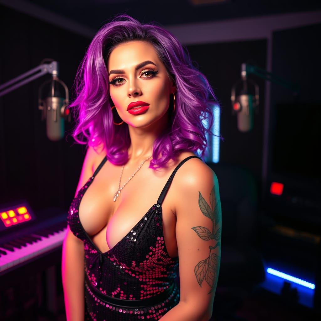 Purple-Haired Woman in Neon Studio, Pop Art Style