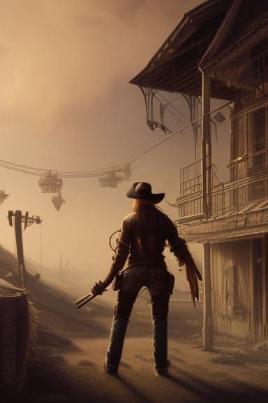 Futuristic Cowboy Gunslinger in Wild West Landscape