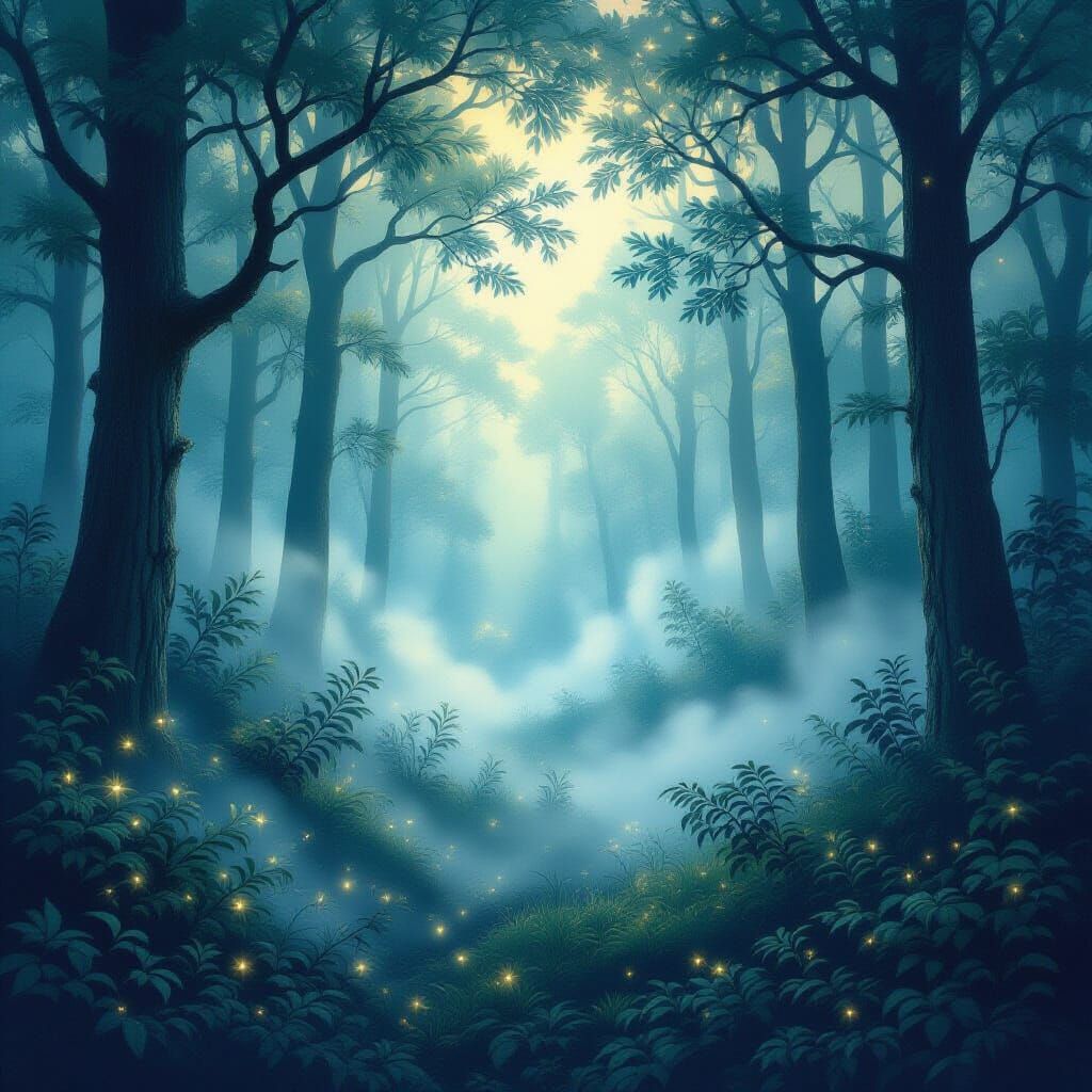 Enchanting Foggy Forest with Fairy Dust