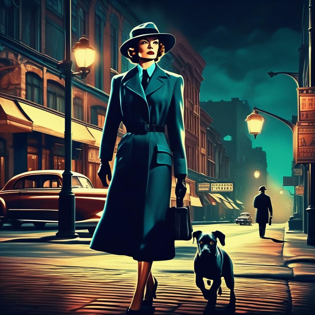 Agent Bluebelle in Vintage Film Noir Cityscape