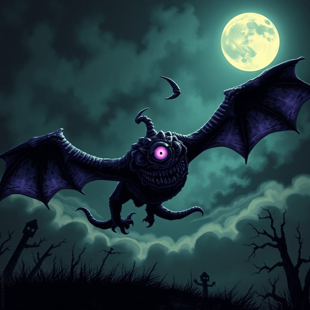 Terrifying One-Eyed Purple Monster in Flight, Gothic Horror