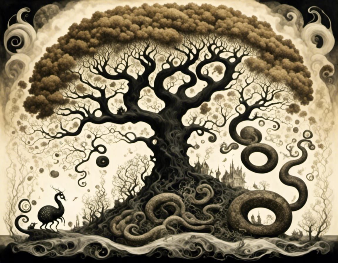 Surreal Lake of Fluids in Dreamy Ink-Wash Style