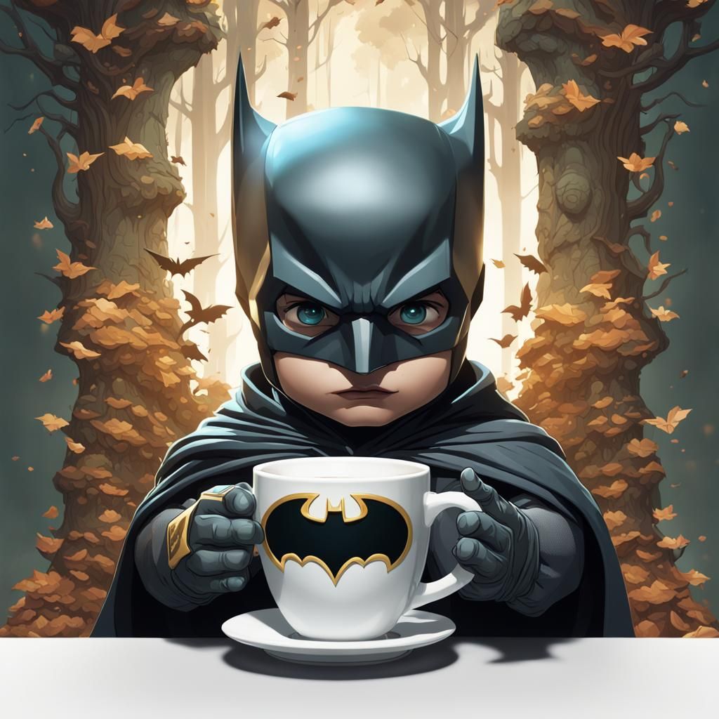 Baby Batman Drinks Coffee in Magical Forest