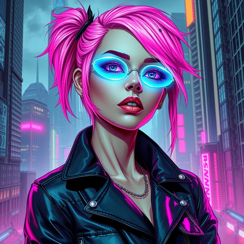 Cyberpunk Woman with Neon Hair in Futuristic Cityscape