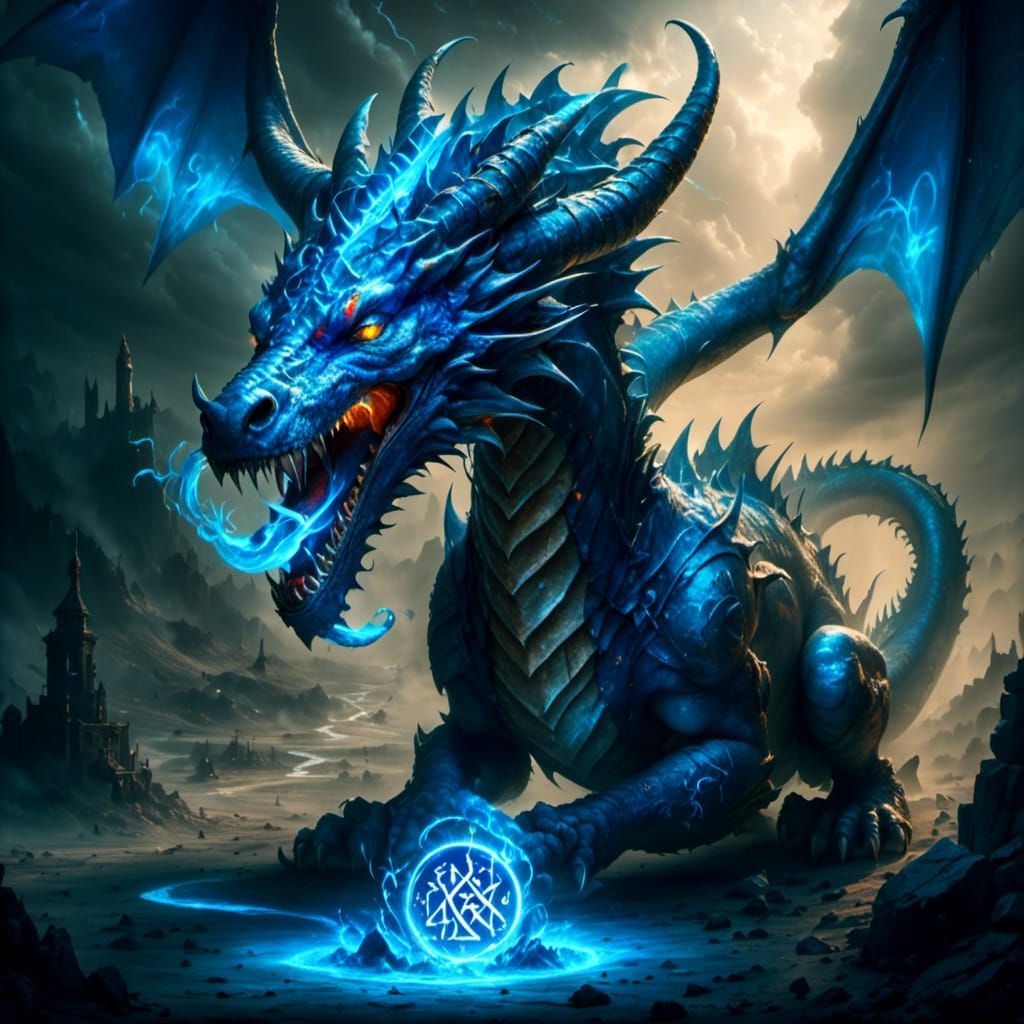 Dragon Exhaling Blue Glowing Runes