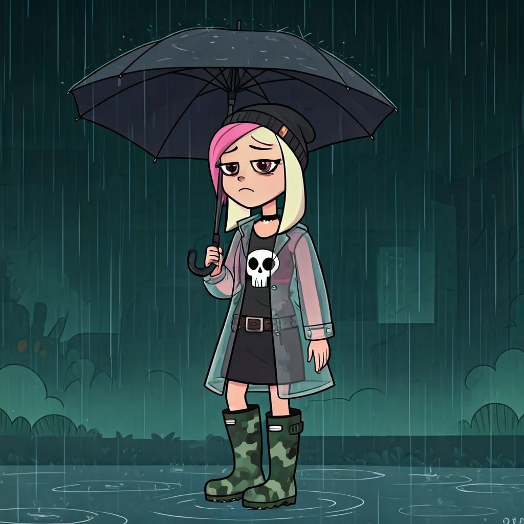 Girl with Pink Hair Walking in Rain with Umbrella