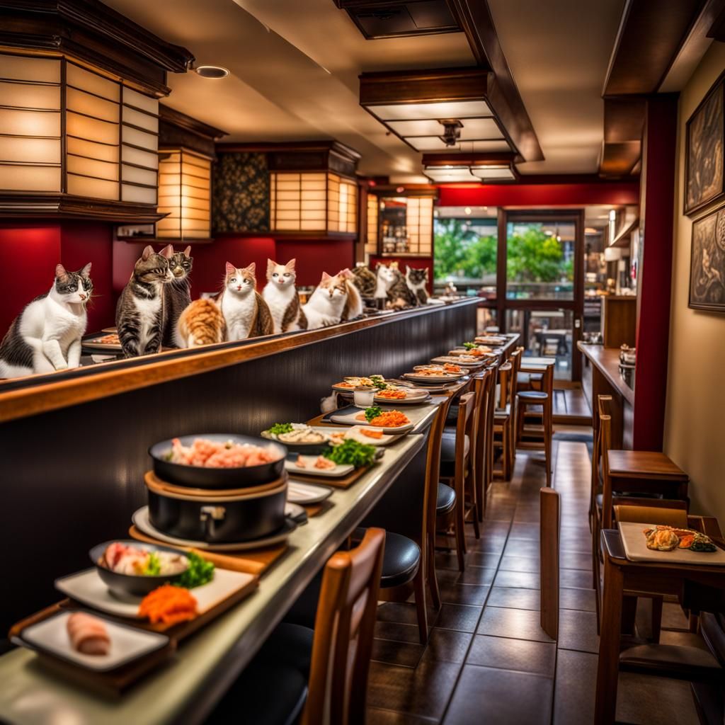 Hyperrealistic Cat Sushi Restaurant with Cat Chefs