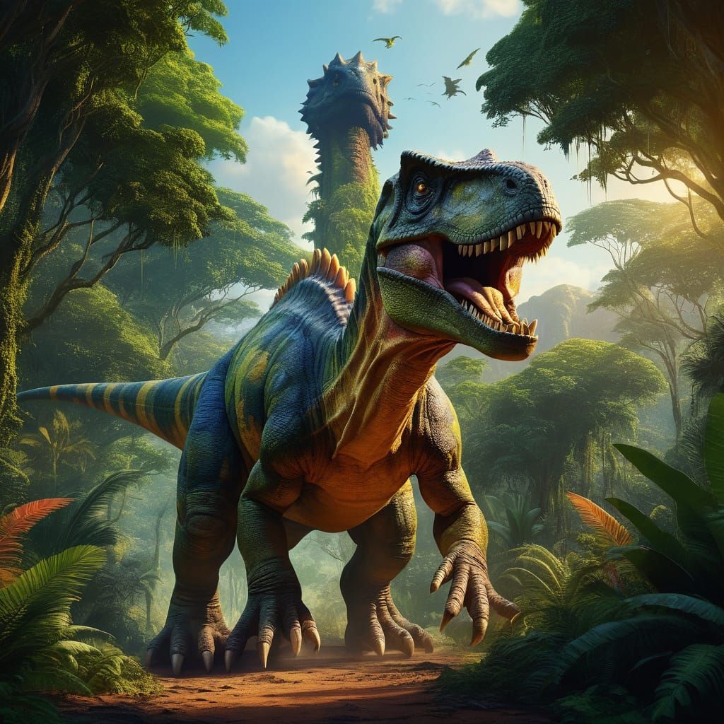 Dinosaur in Jungle: Vibrant Oil Painting