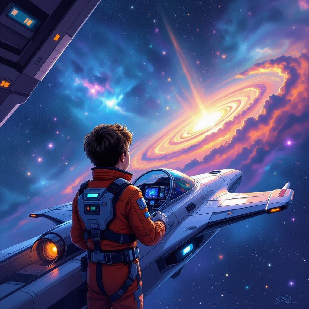 Boy Pilot Observes Cosmic Immensity in Spaceship