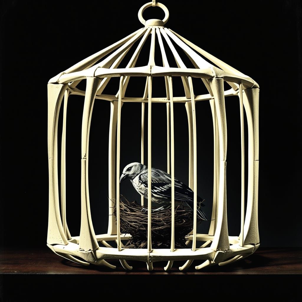 Skeletal Birdcage in Abstract Cubism Style