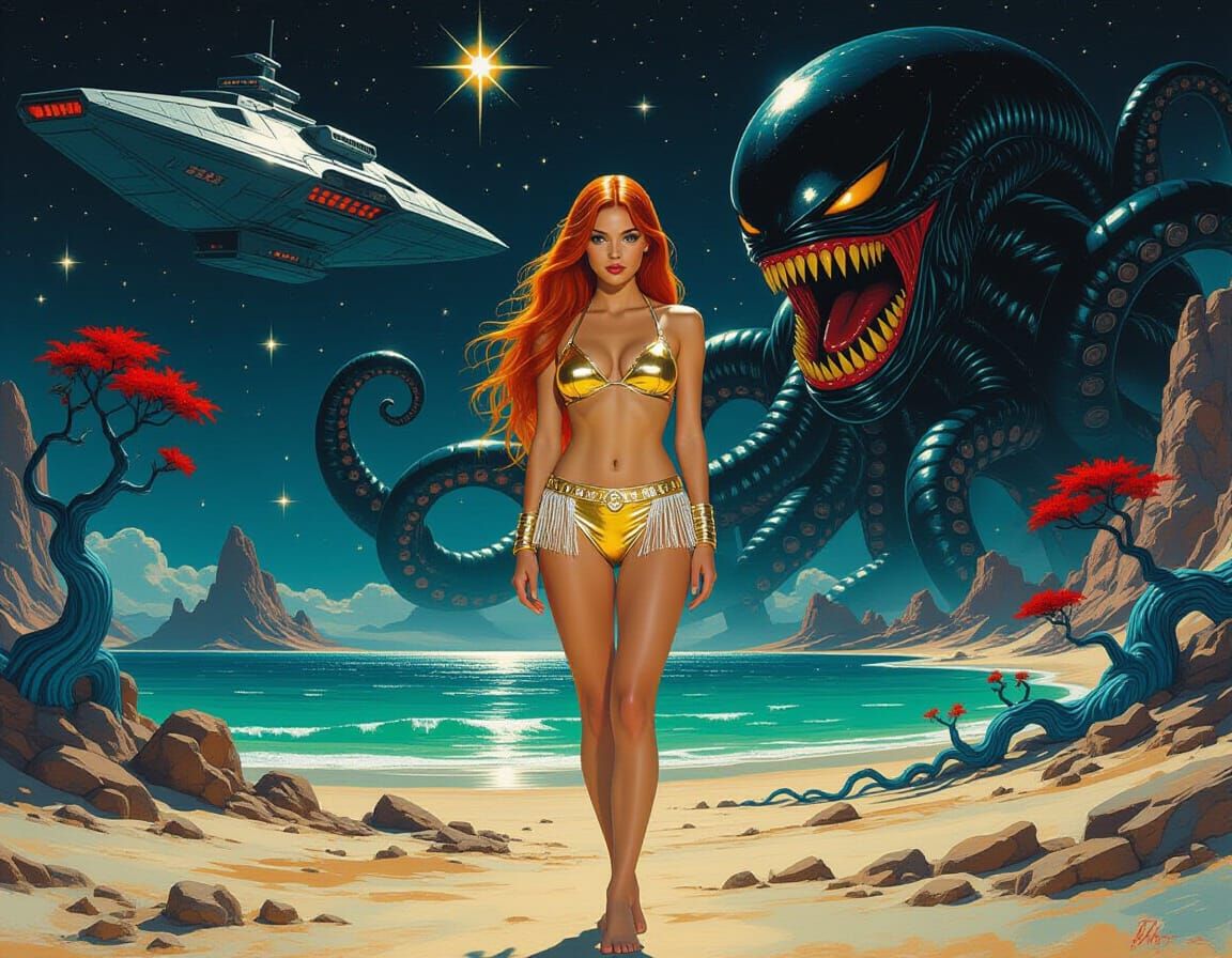 Astronaut Meets Tentacle Monster on Alien Planet