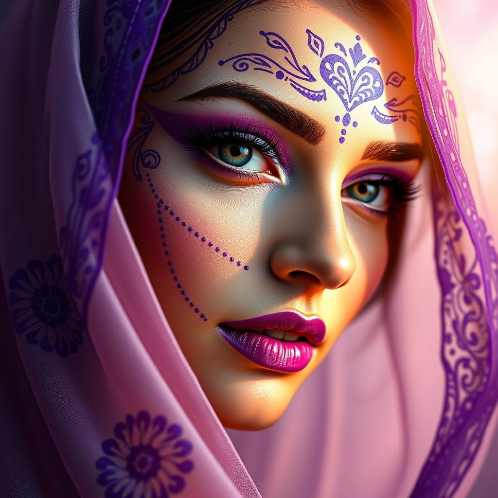 Ethereal Portrait with Intricate Henna Designs and Vibrant P...