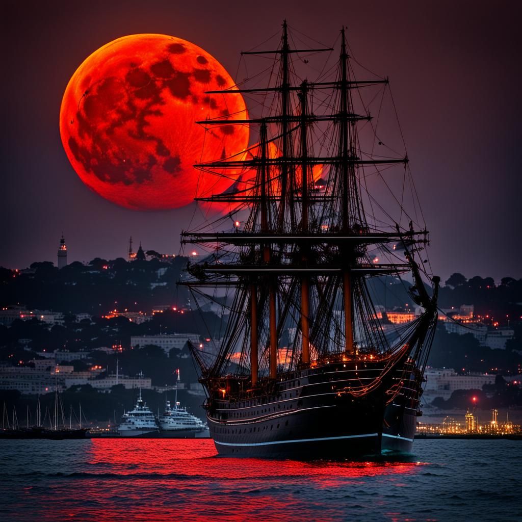 Harbor at Night: Sailing Ship Under Red Moon