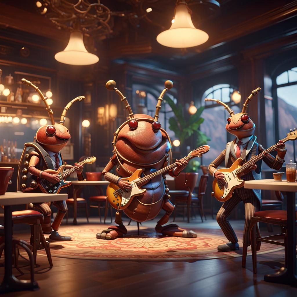 Beetles Play Music in Restaurant: 3D Game Cinematic