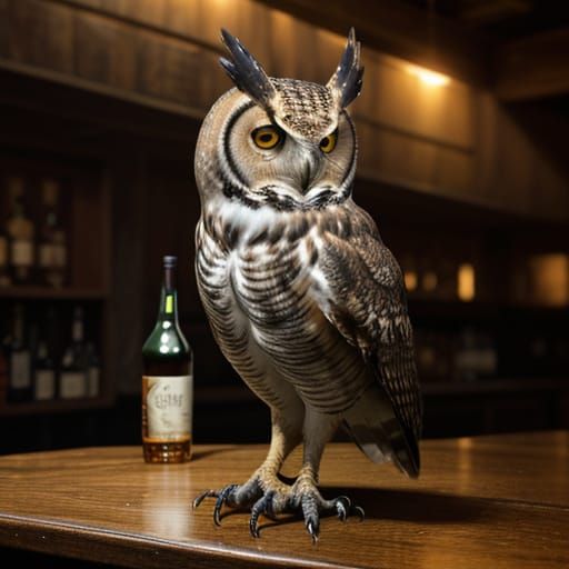 Great Horned Owl in Dive Bar, Cinematic Still