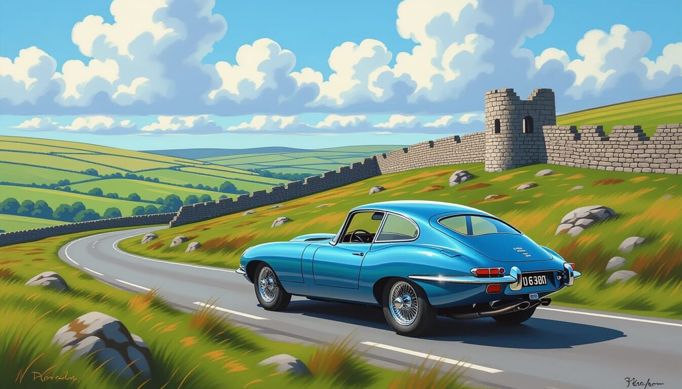 1963 Jaguar XKE Drives Past Ancient Ruins