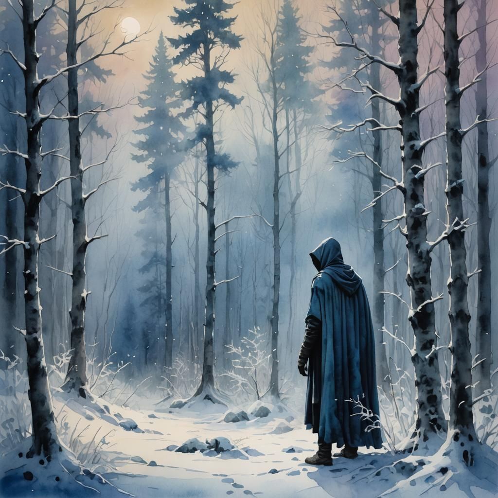 Hooded Figure in Frosty Forest: Watercolor Painting