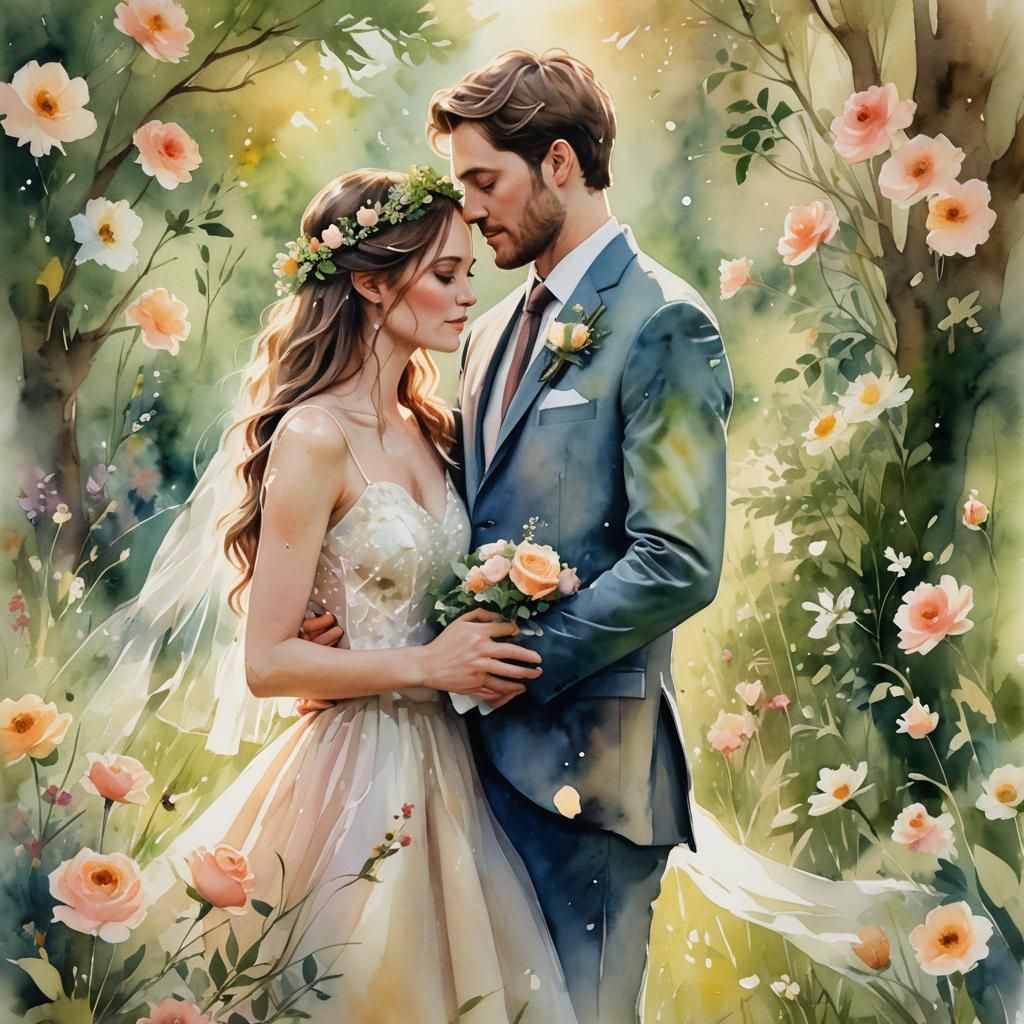 Romantic Newlyweds Embrace in Sun-Drenched Meadow