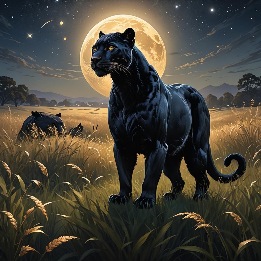 Black Panther Gazing at Harvest Moon in Impressionistic Styl...