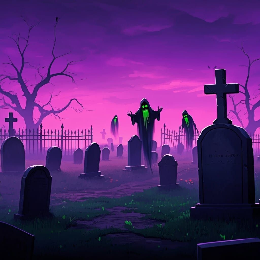 Eerie Graveyard with Ghosts in Cartoon Style