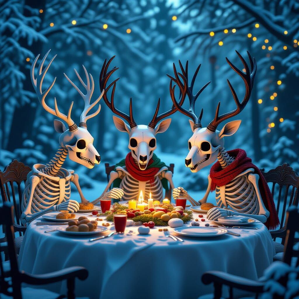 SKeletons of Forest animals having Christmas Dinner together