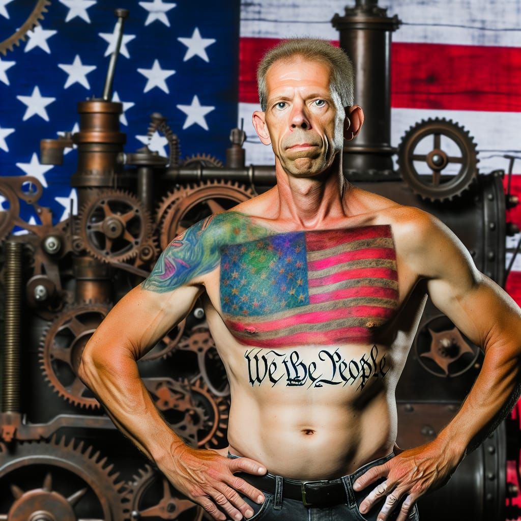 standing shirtless in front of an American Flag on his chest is a very vibrant but tattered American flag tattoo