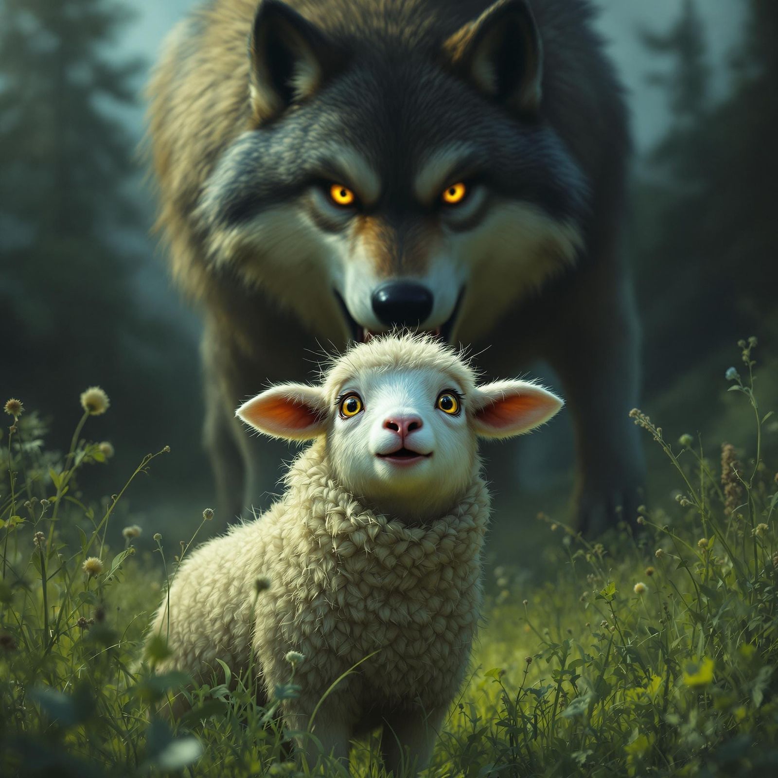 Frightened Lamb and Looming Wolf in Meadow