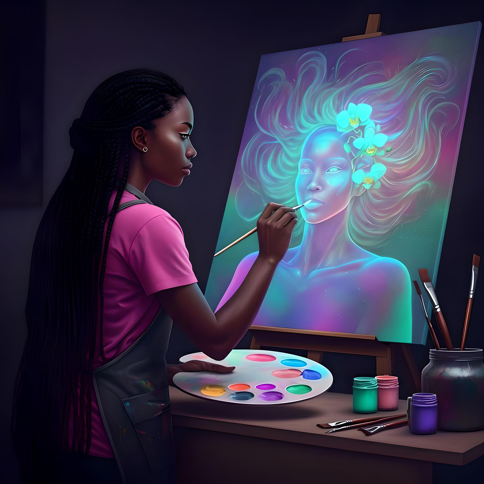 Dreamlike Hologram Painting of Woman with Braids
