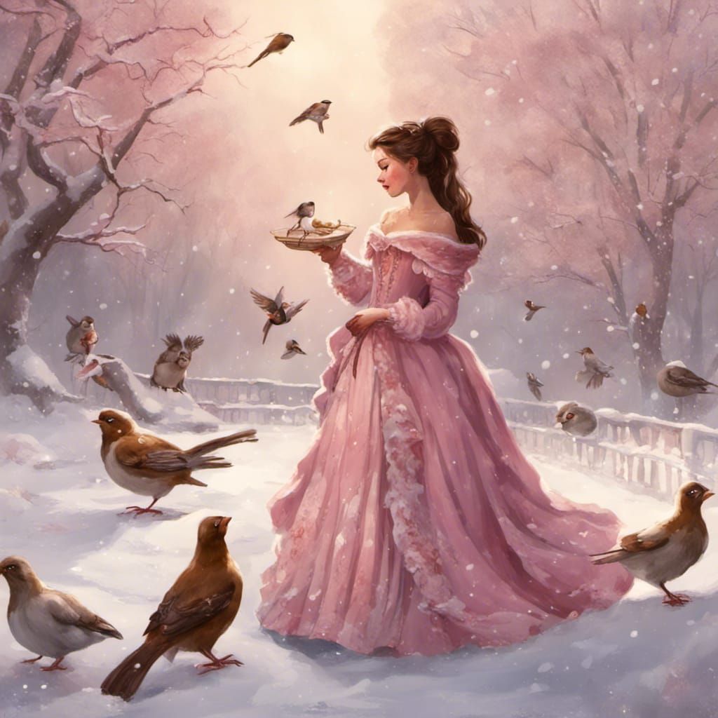 Belle in Rococo Style Feeding Birds in Winter