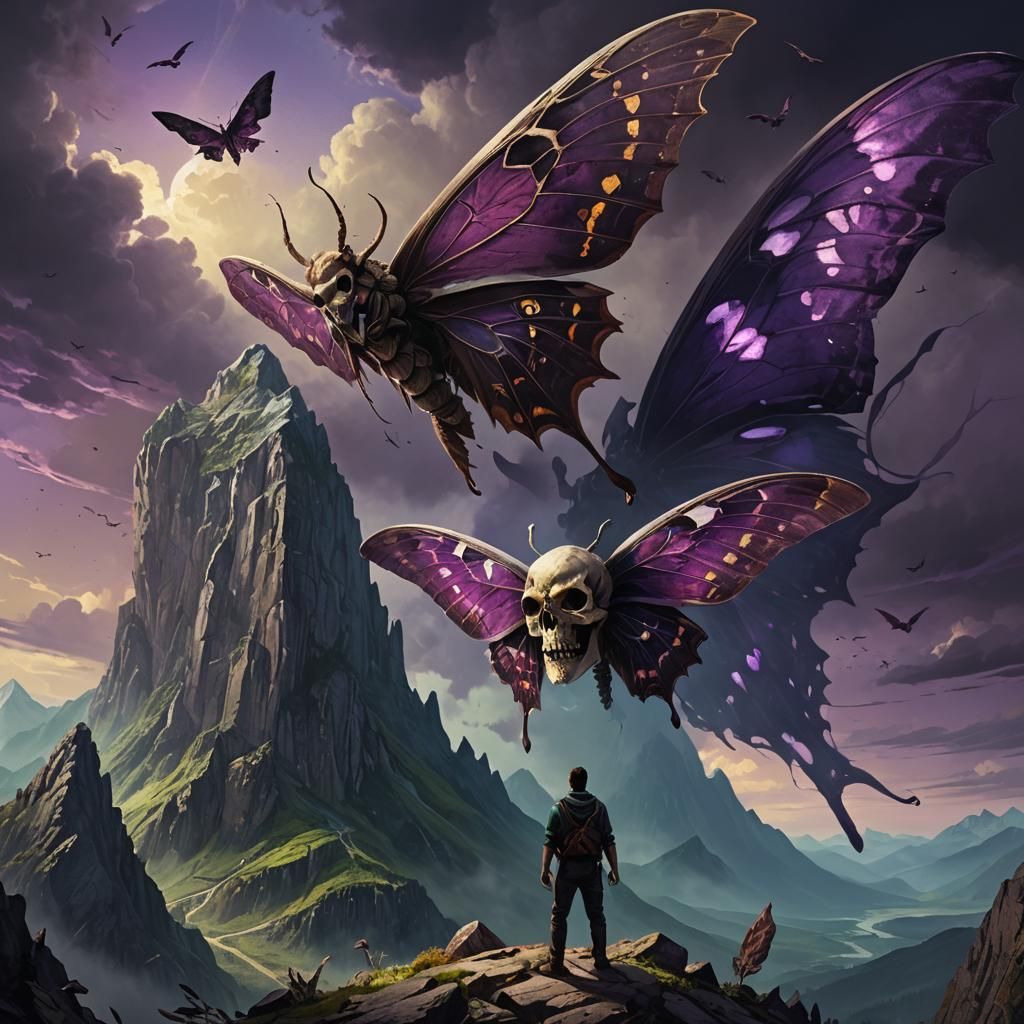 Giant Skull Moth Over Mountain: Dark Fantasy Art
