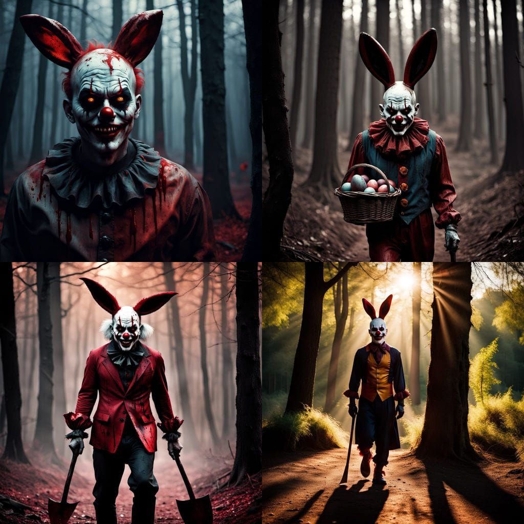 A "Evil Clown" "Dressed in a bloody Easter Bunny outfit" wal...