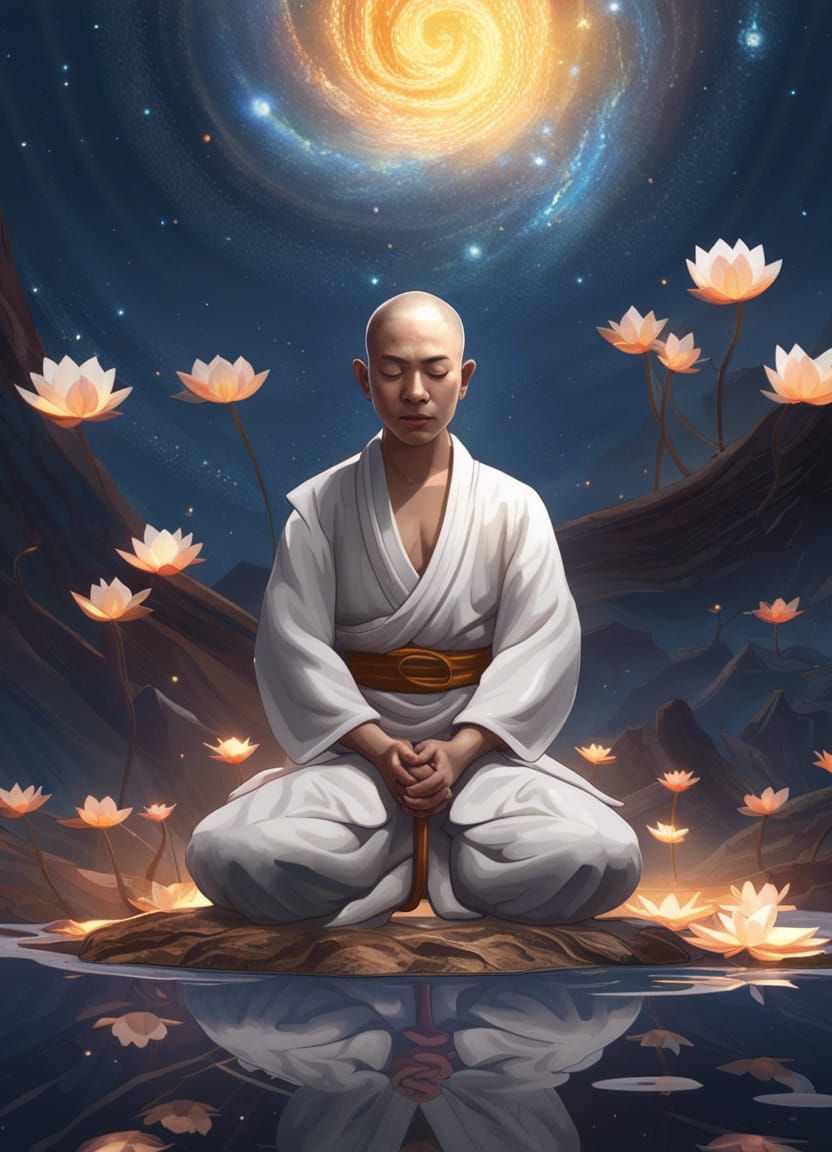 Young Monk Meditating on Lotus in Art Nouveau Style