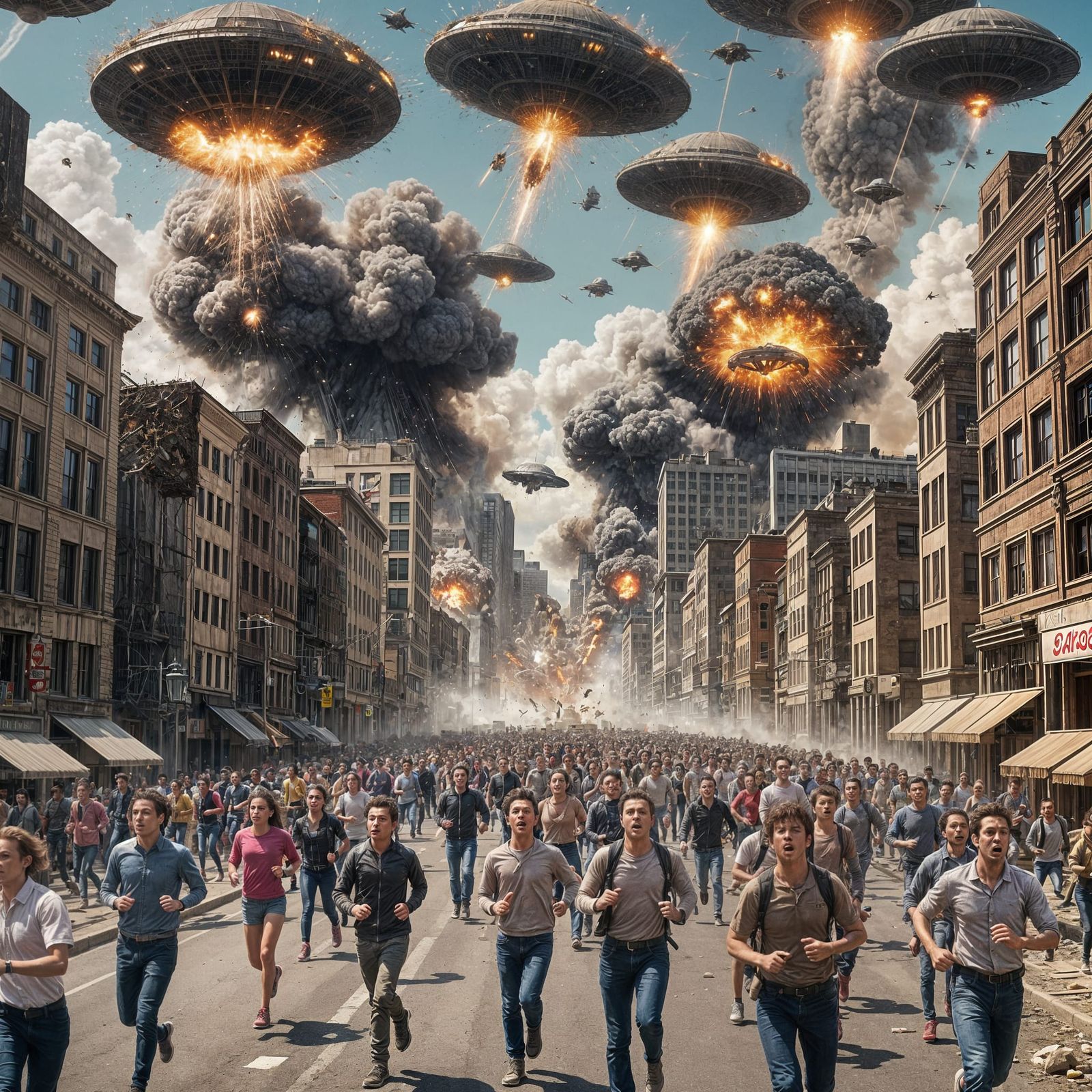 People Flee Exploding City Under UFO Attack