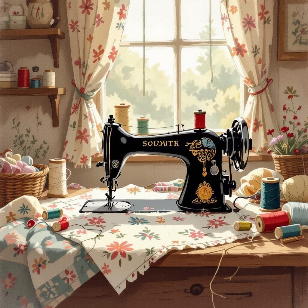 Cozy Sewing Machine Workshop with Threads and Fabrics