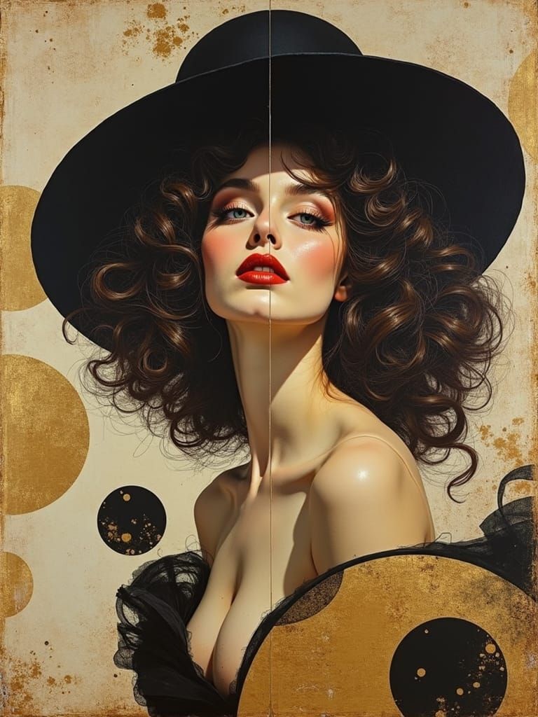 Surreal Portrait with Swirling Hair and Golden Accents in a....