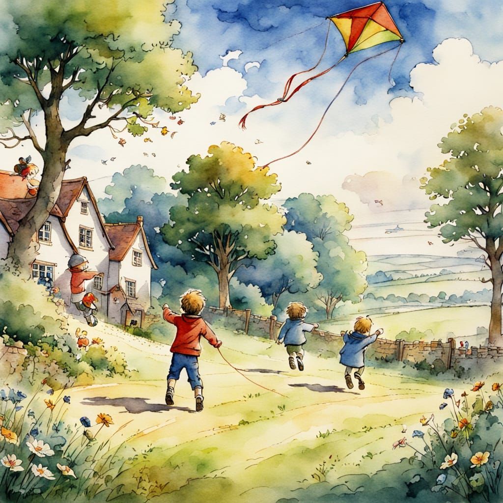 Children Flying a Kite in a Sunny Meadow