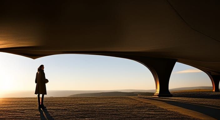 Woman in Trench Coat at Sunset: Retrowave Landscape