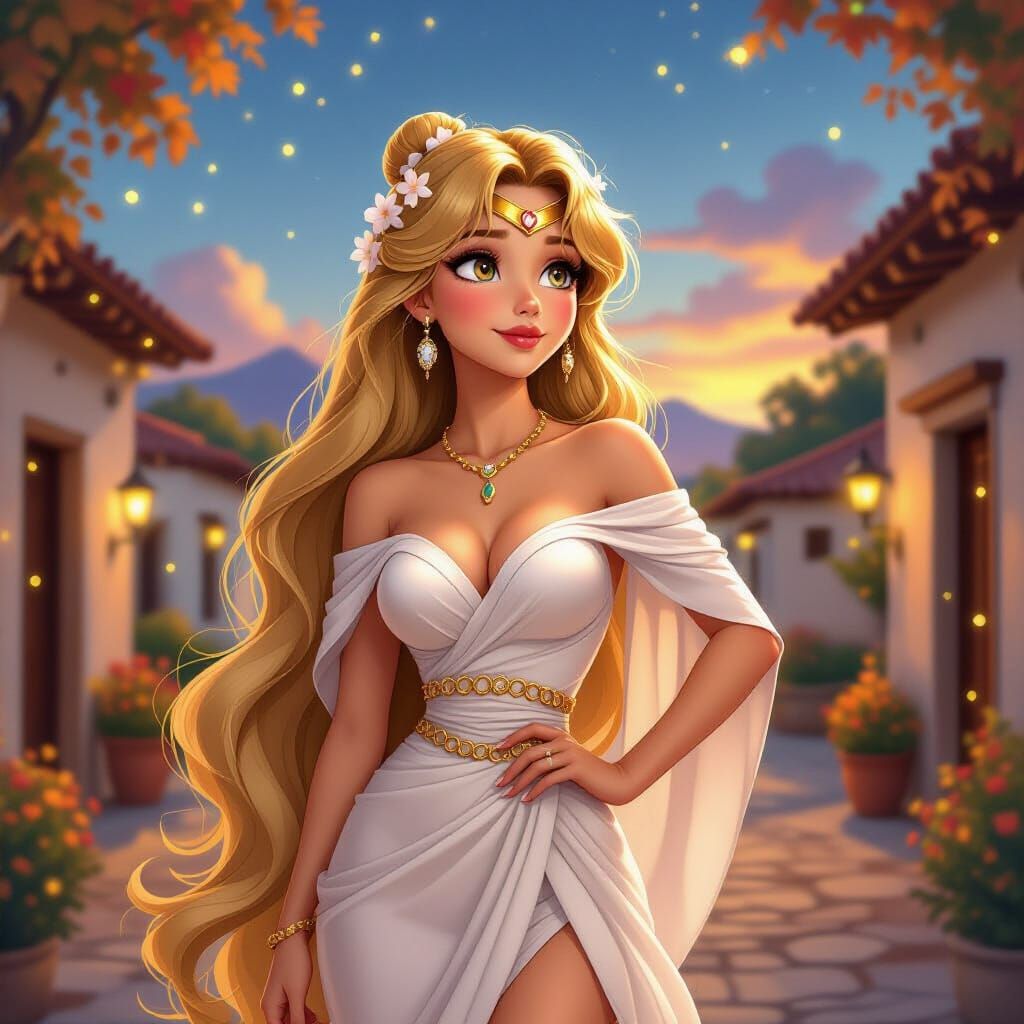 Enchanting Princess in Mexican Village at Dusk