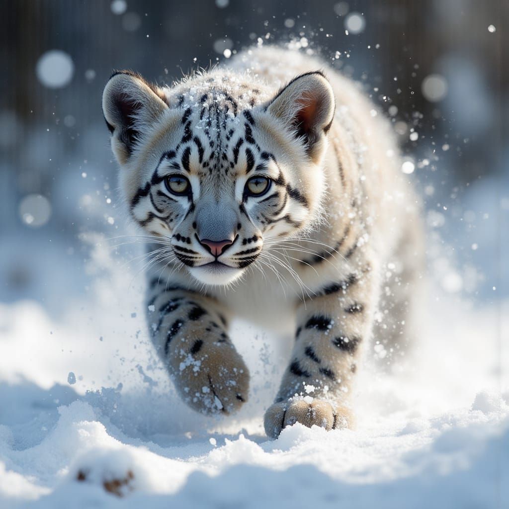 Snow Leopard Cub Running: Tilt-Shift Watercolor Style