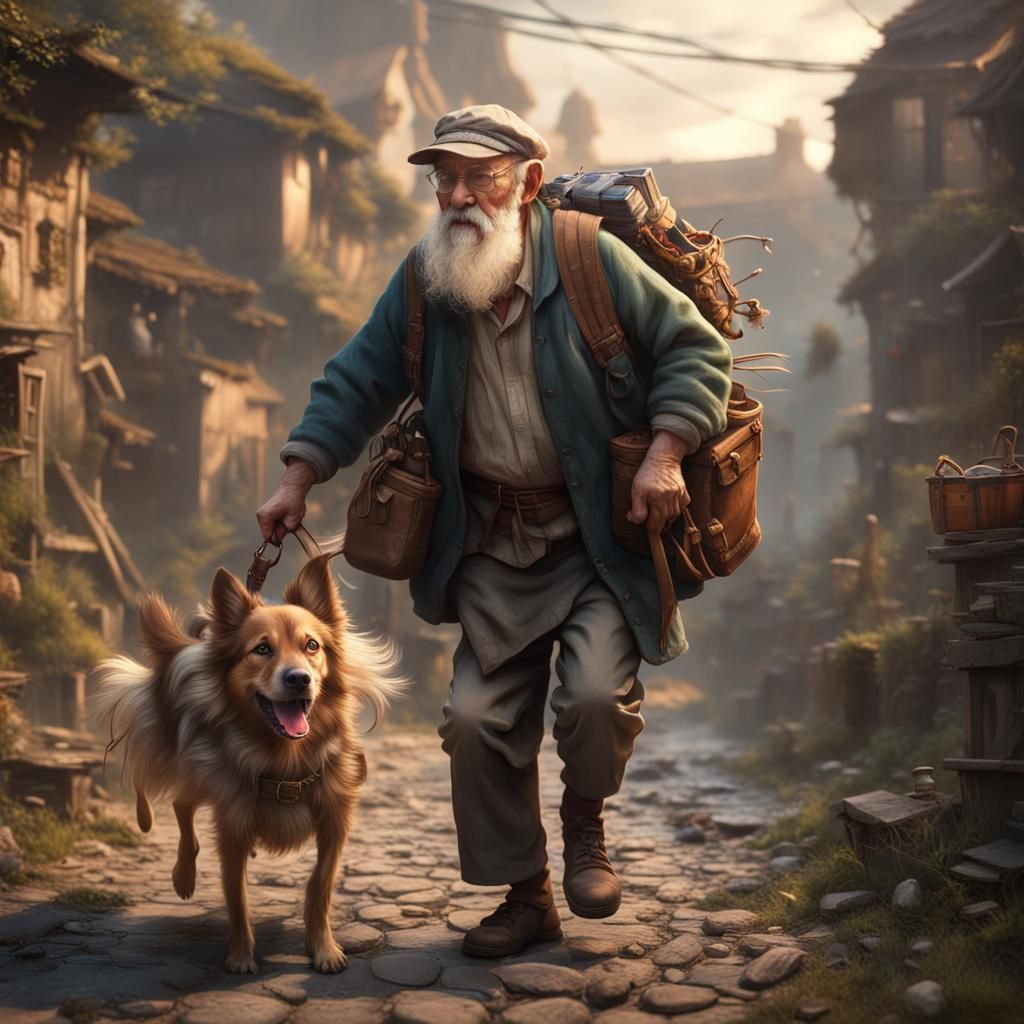Old Man Carrying Goods, Matte Painting Style