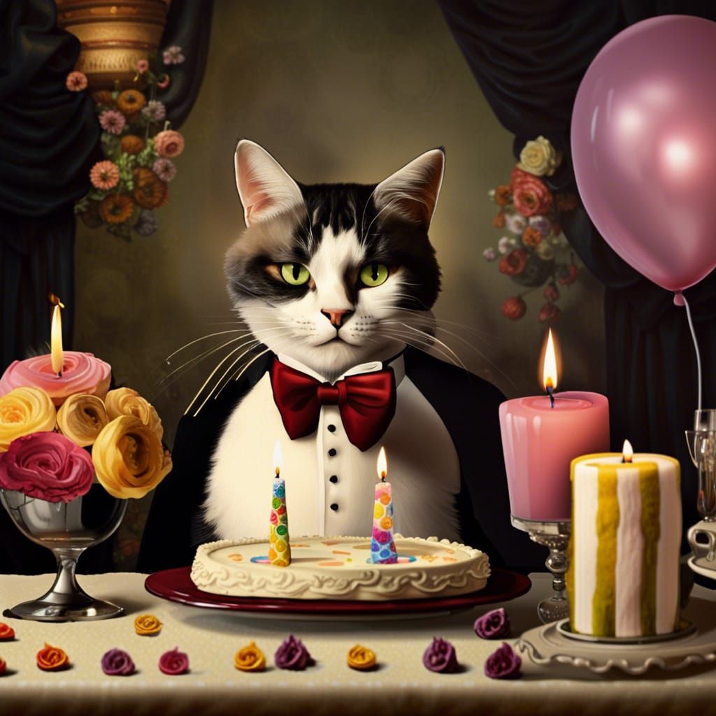 Anthropomorphic Cat Birthday Party in Rembrandt Style