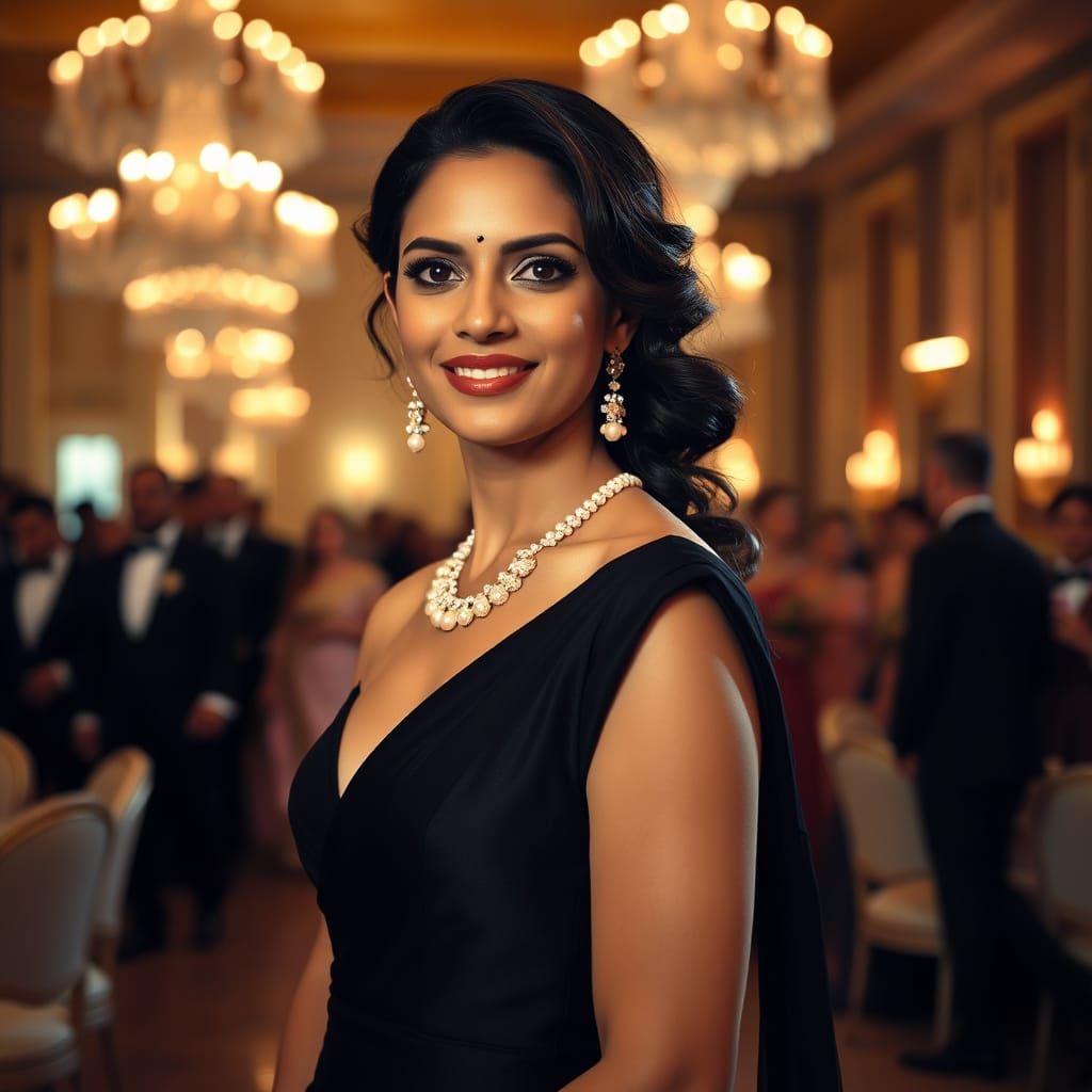 Elegant Indian Woman in Black Gown, Cinematic Portrait