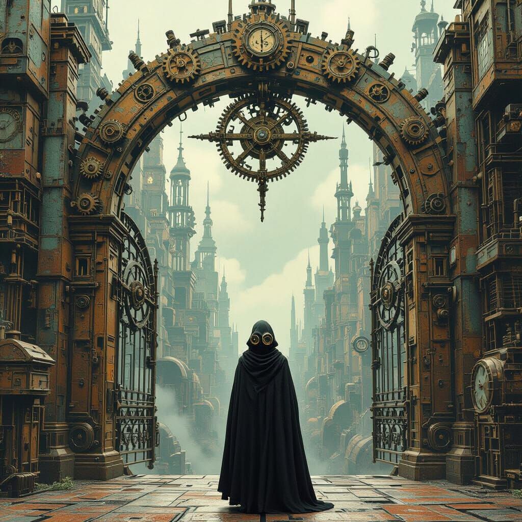 Clockwork Gate in Surreal Steampunk Cityscape