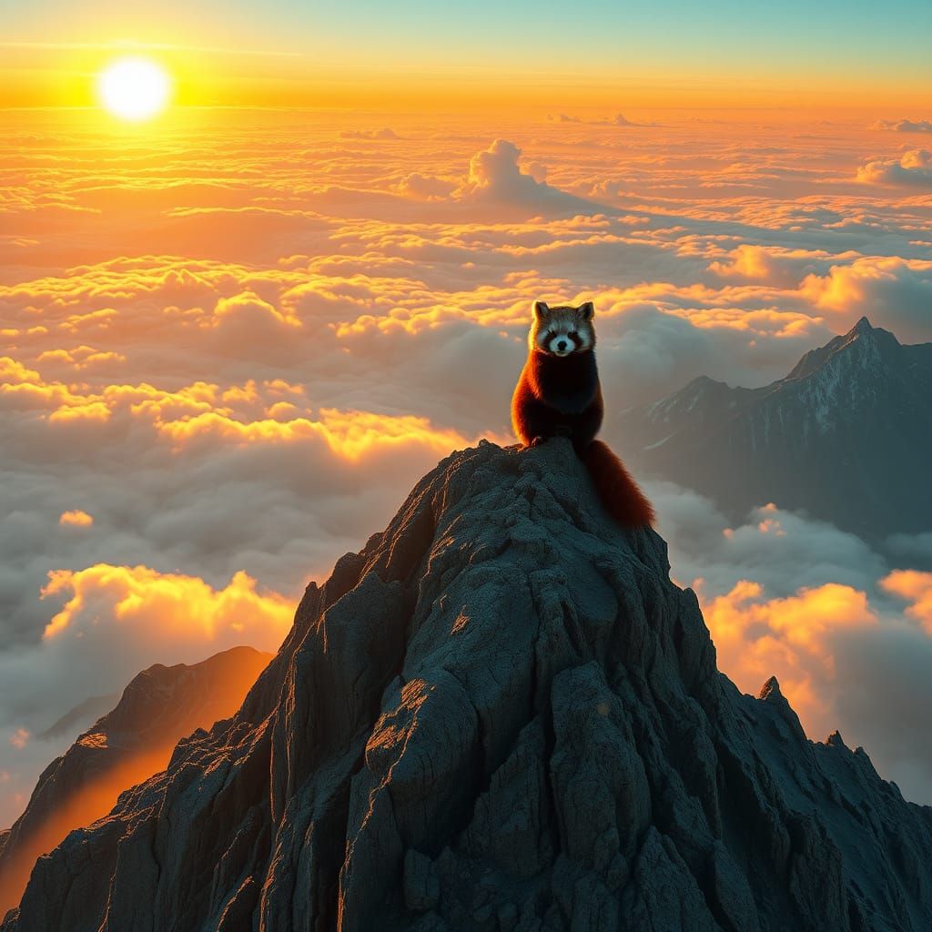 Red Panda and Squirrel at Mountain Sunrise